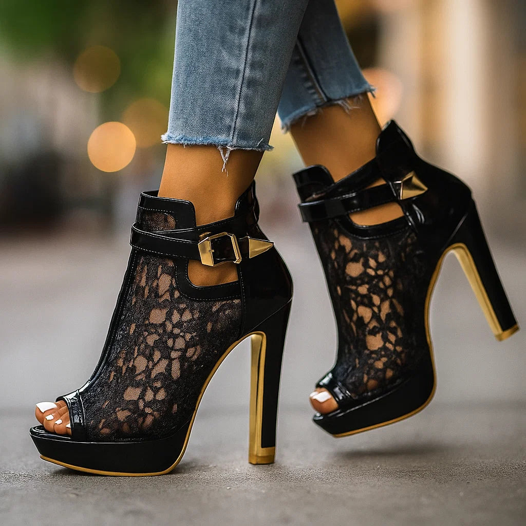 Kinslee - Leather Lace Block Heels