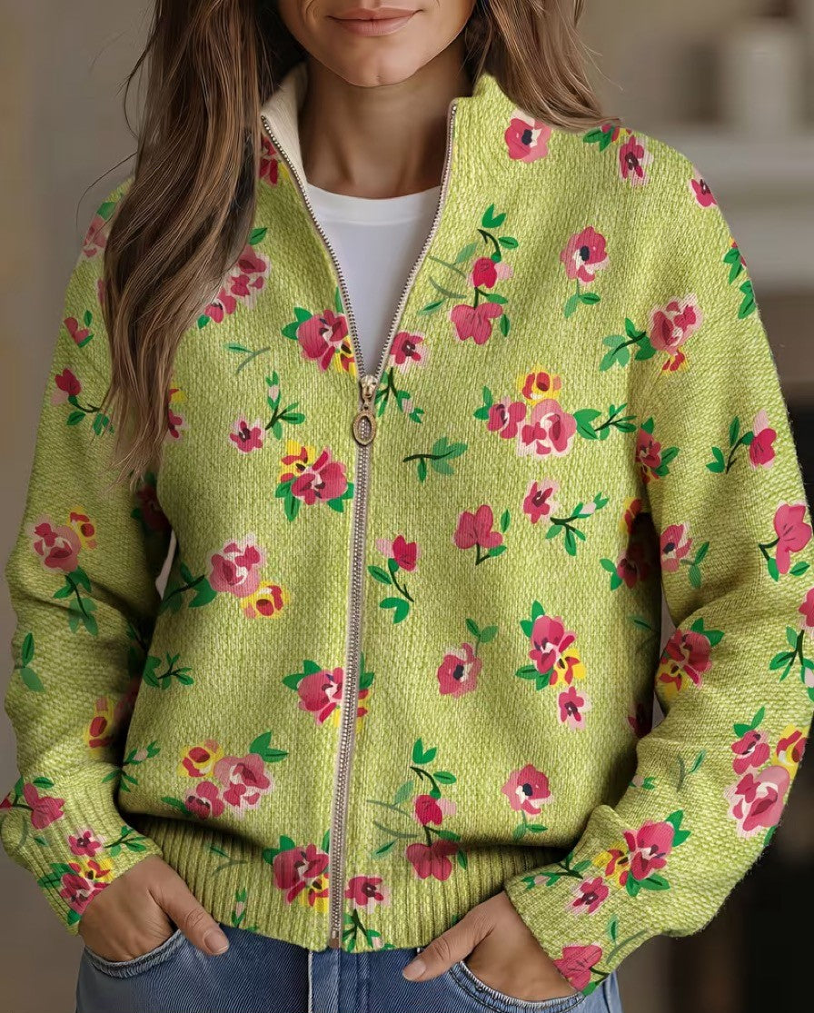 Wilhelmina - Pink Floral Lime Zip Cardigan
