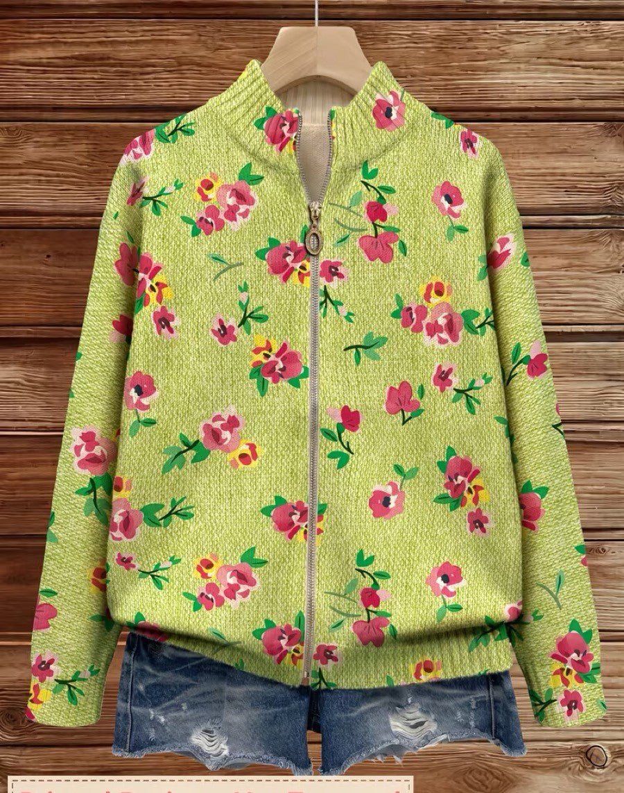 Wilhelmina - Pink Floral Lime Zip Cardigan