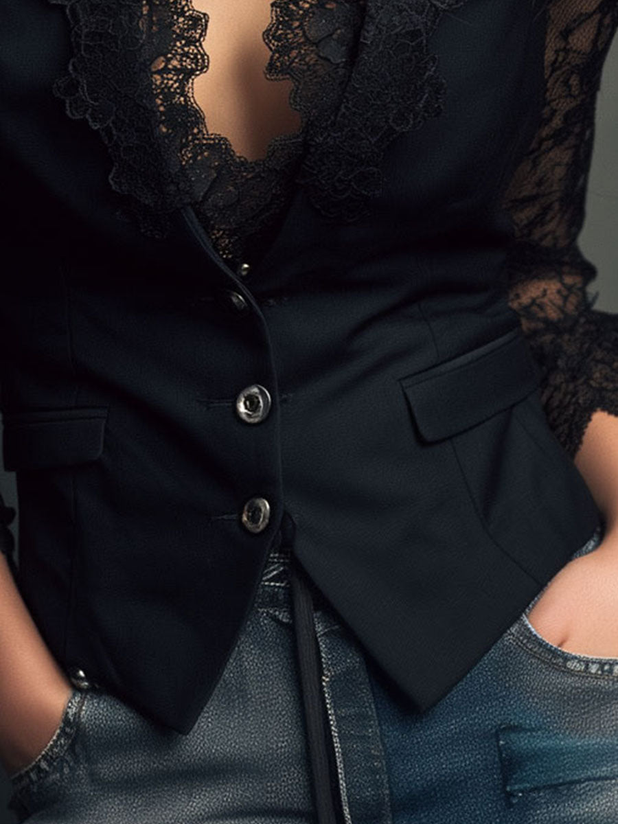 Callie – Black Lace Sleeve Blazer