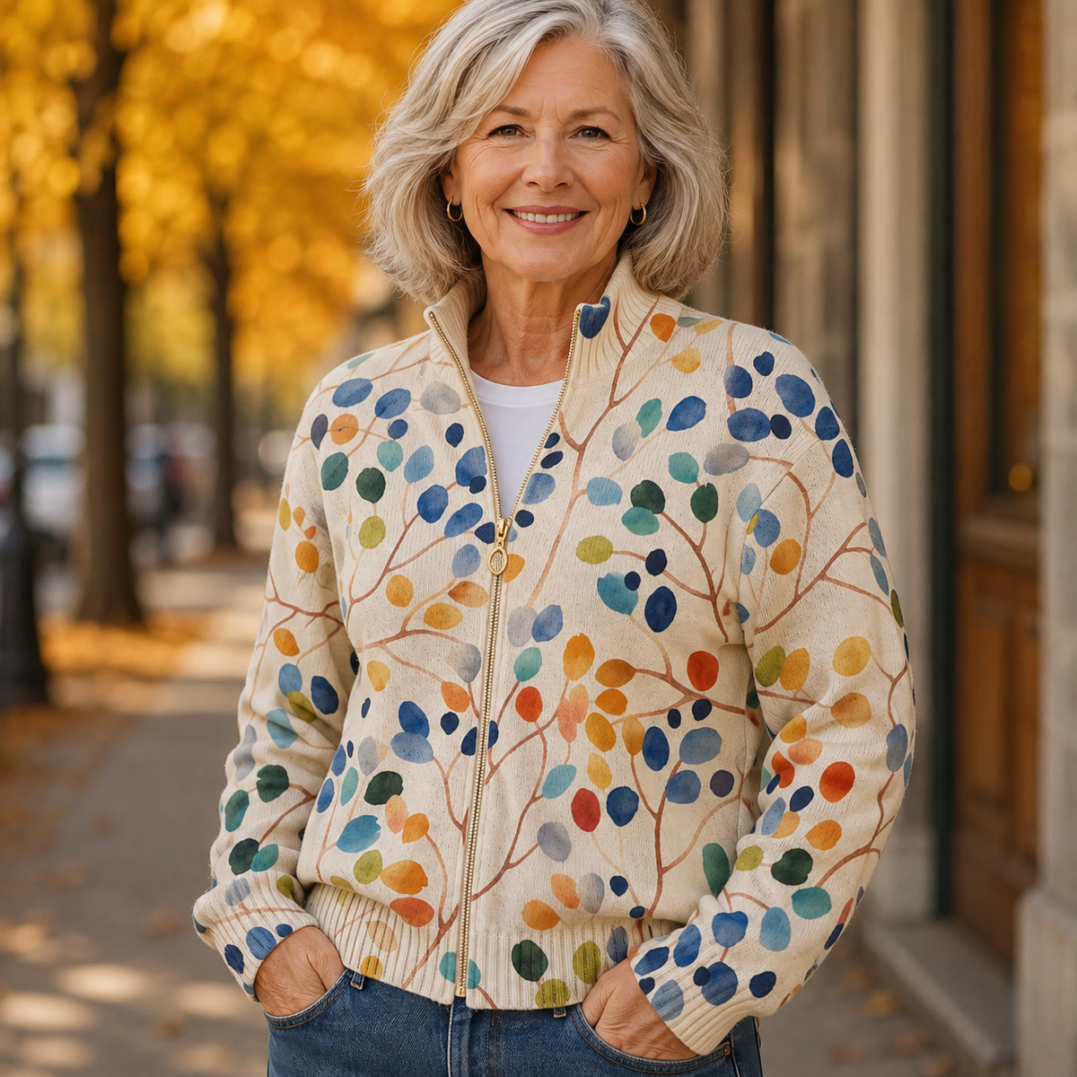 Amelie - Botanical Leaf Print Zip Cardigan