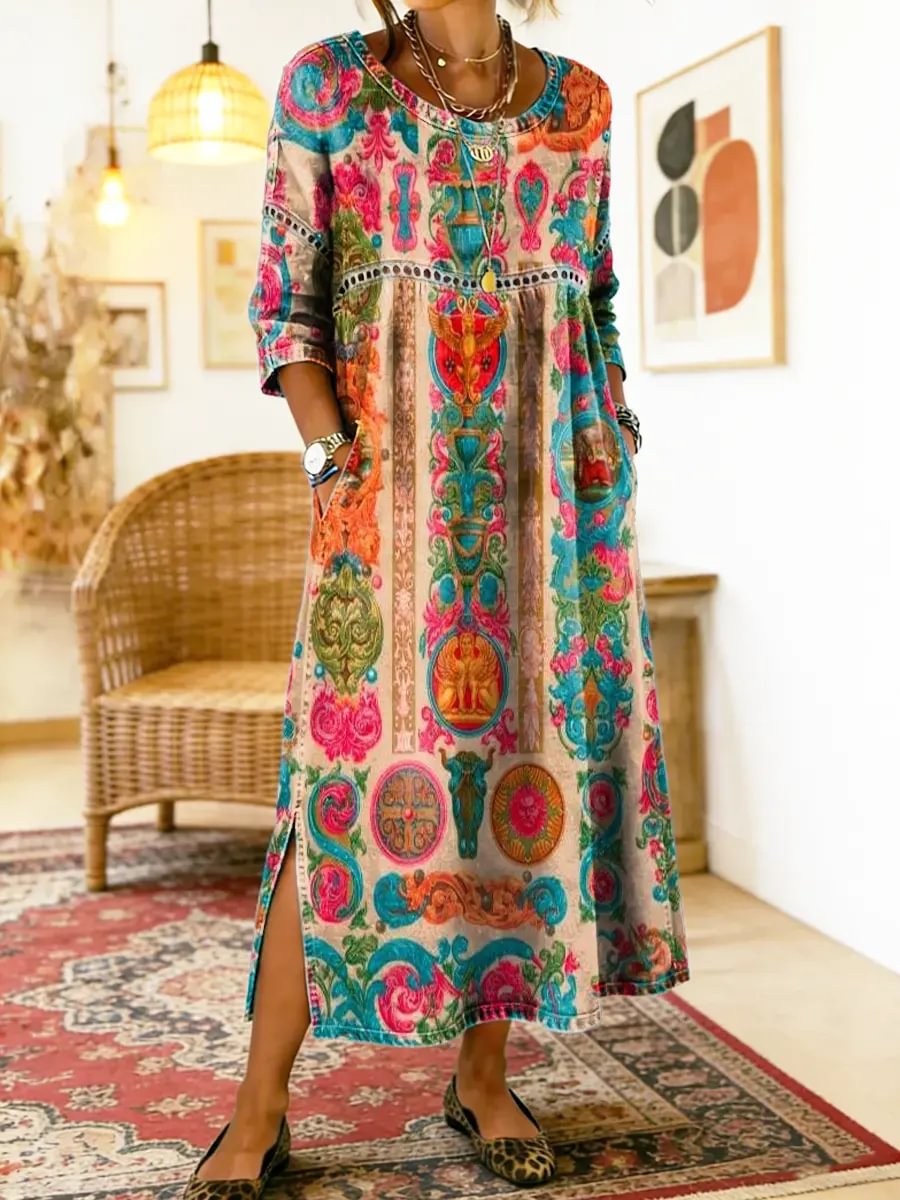 Hana - Printed Dress with Ethnic Patchwork