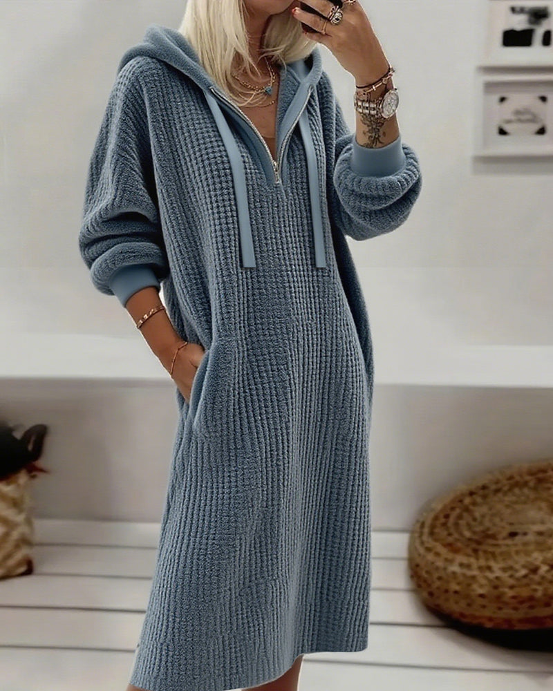 Kailyn – Cozy Hooded Honeycomb Knit Fleece Dress