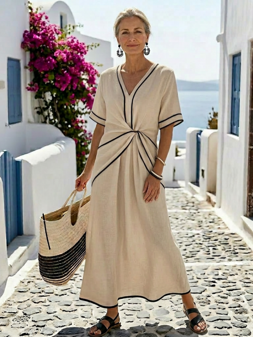 Lianna -  V Neck Short Sleeve Gathered Waist Midi Dress