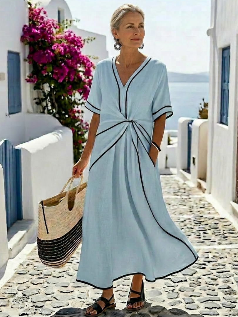 Lianna -  V Neck Short Sleeve Gathered Waist Midi Dress