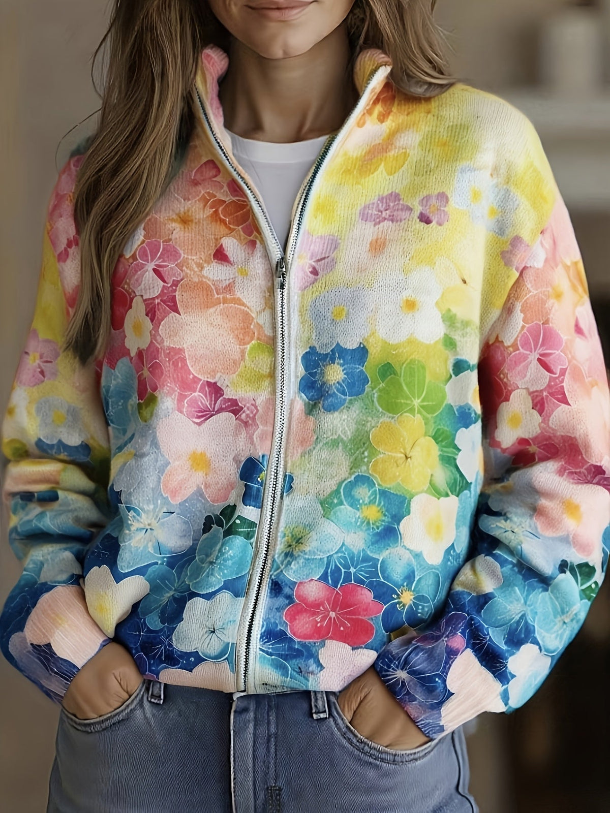 Lisa - Watercolor Floral Ombre Zip Cardigan