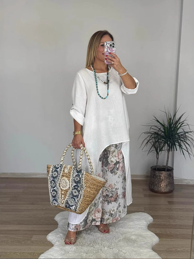Laine – Long-Sleeved Top and Printed Wide-Leg Pants Set