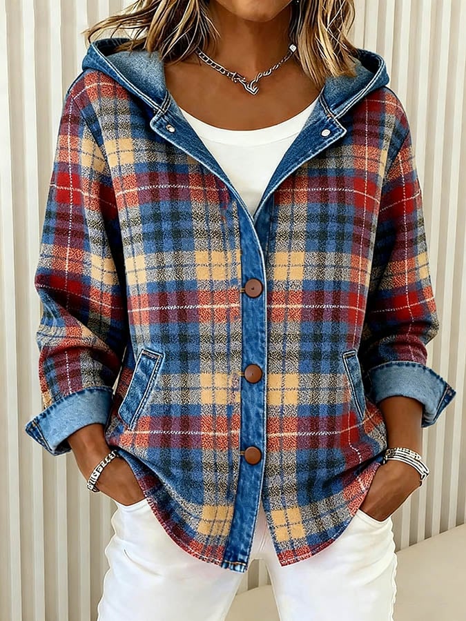 Misty – Denim Jacket with Contrast Plaid Hood