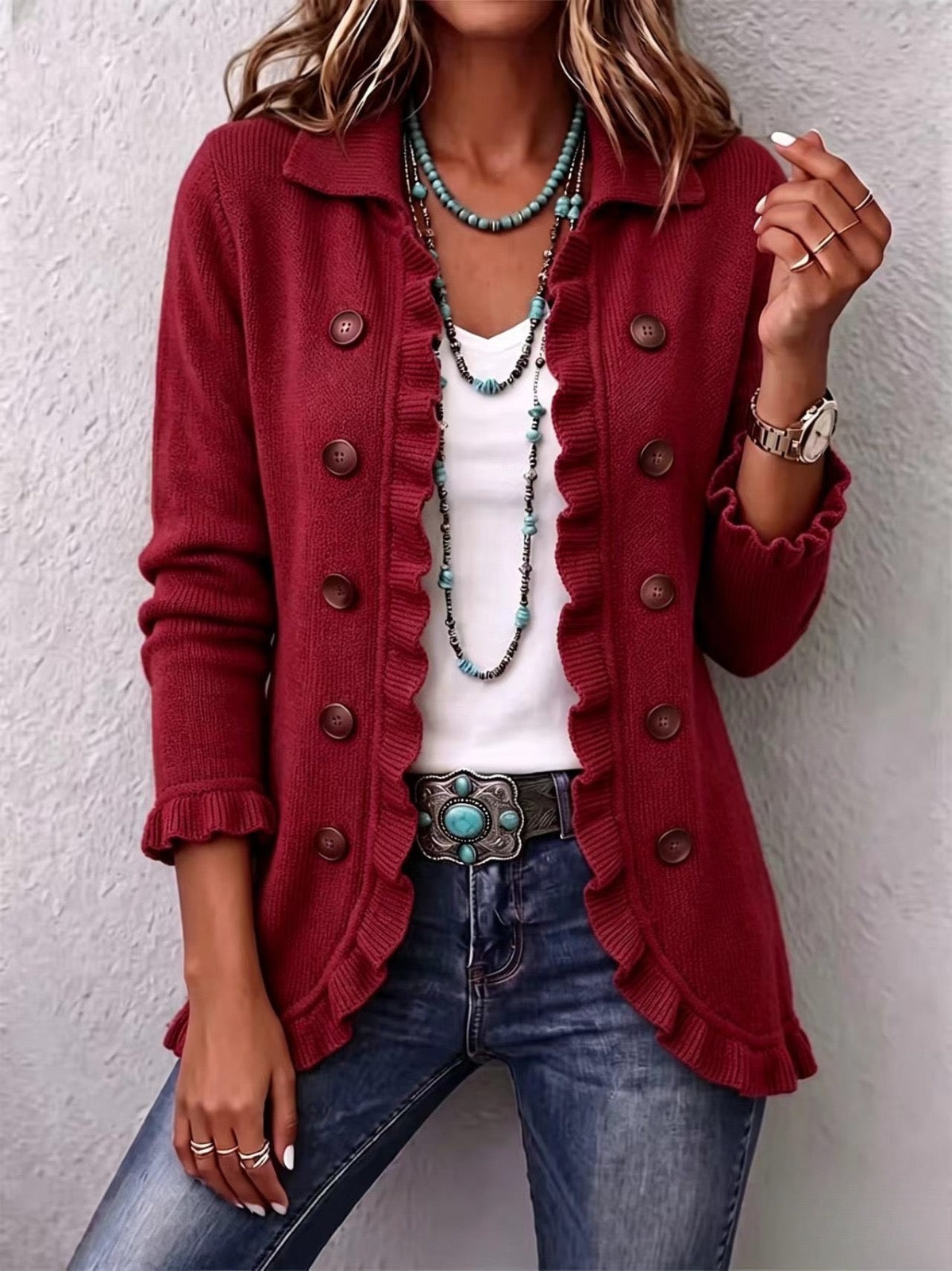 Edith – Ruby Red Vintage-Inspired Frill Cardigan