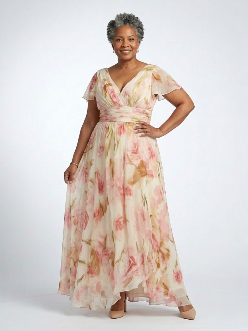 Stef - V-Neck Short Sleeve Floral Maxi Dress