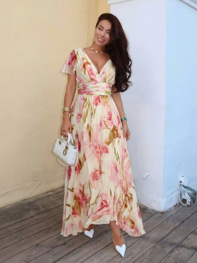 Stef - V-Neck Short Sleeve Floral Maxi Dress