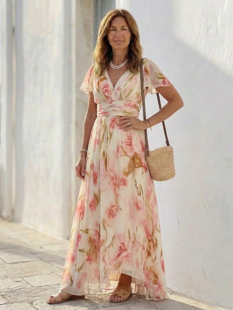 Stef - V-Neck Short Sleeve Floral Maxi Dress