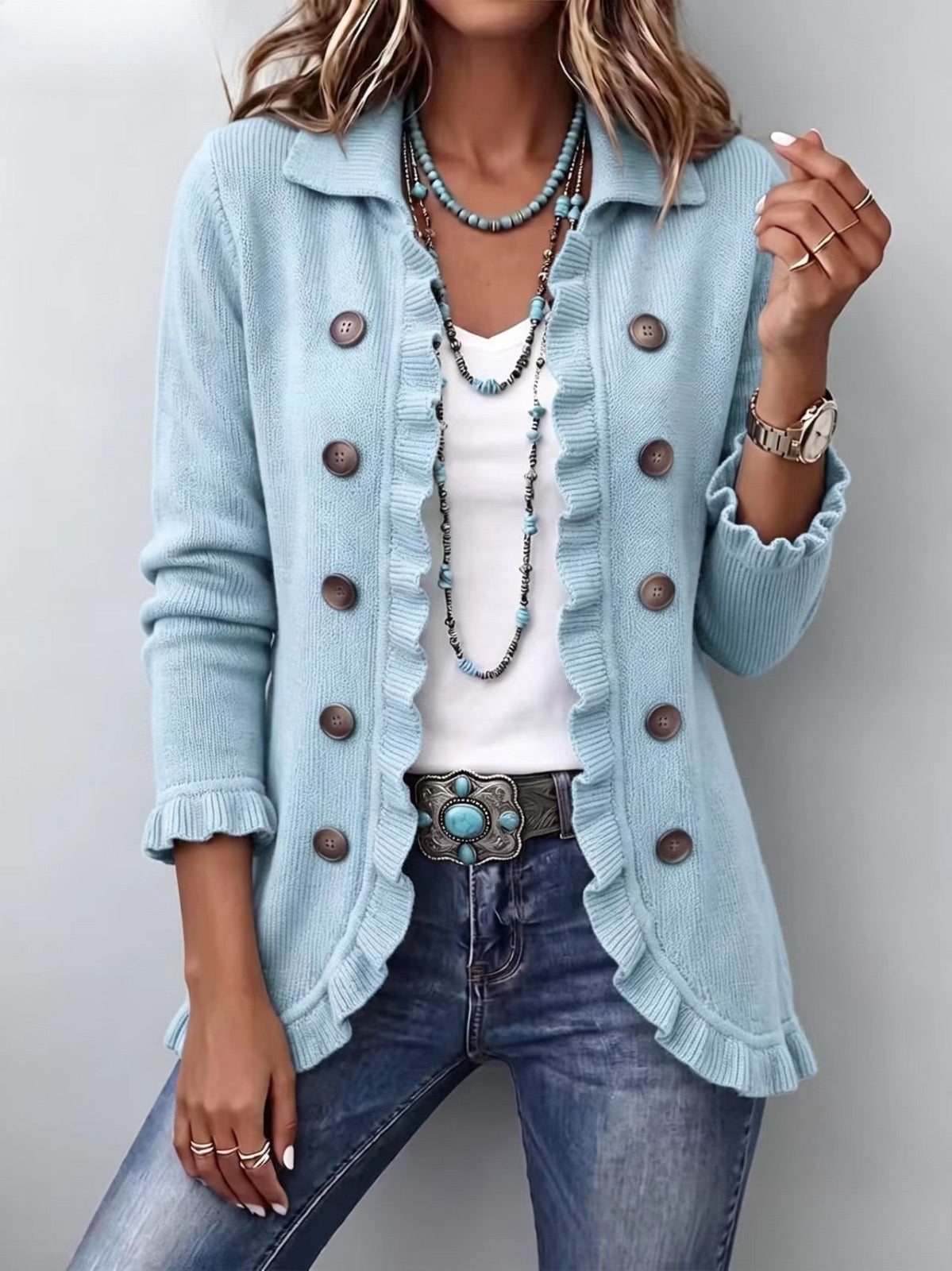 Marcia – Dusty Blue Vintage-Inspired Frill Cardigan