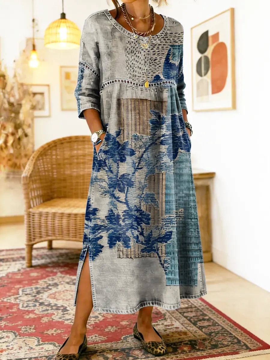 Kelia - Floral Printed Dress with Ethnic Patchwork
