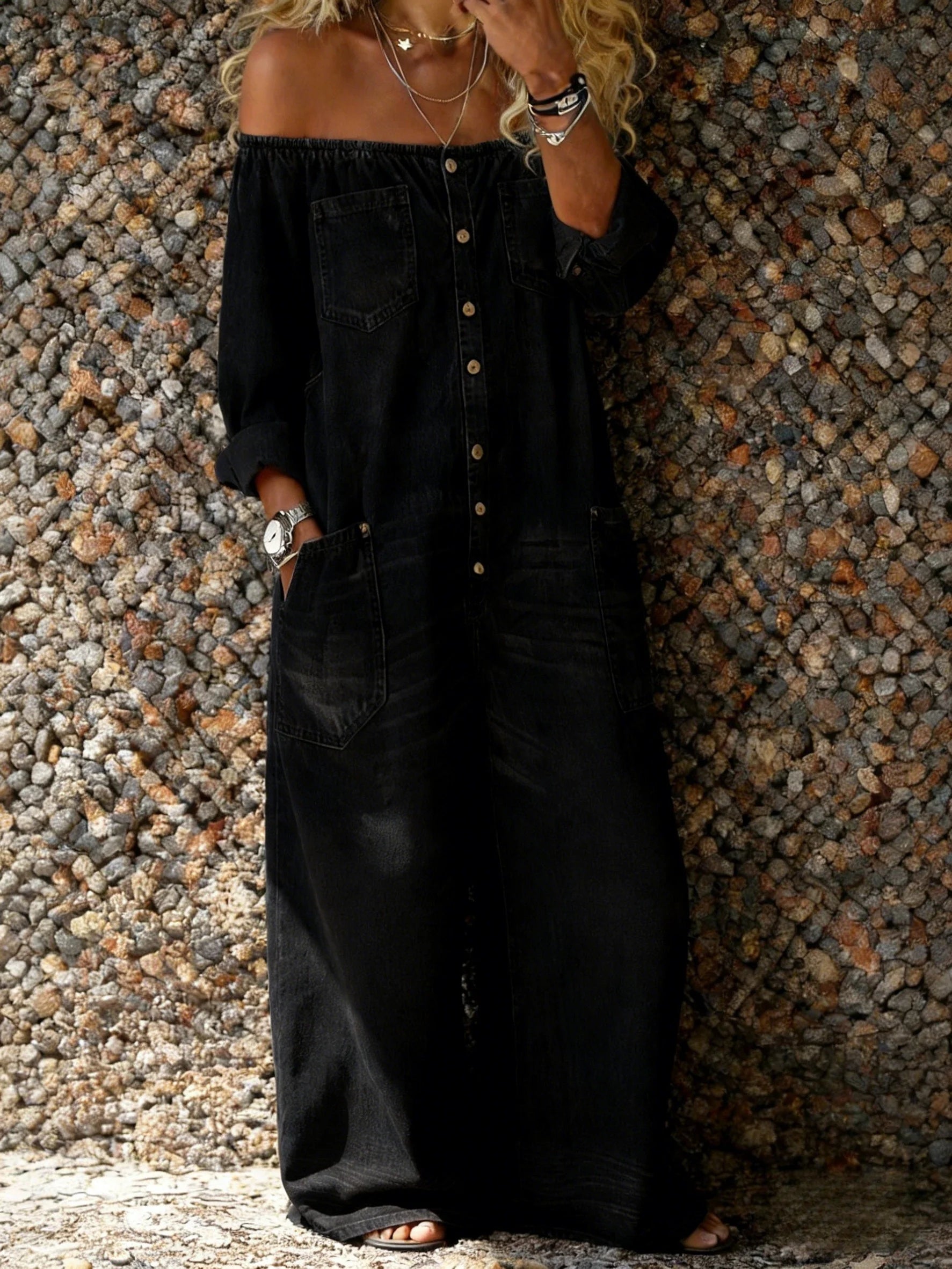Lena – Off-Shoulder Denim Jumpsuit