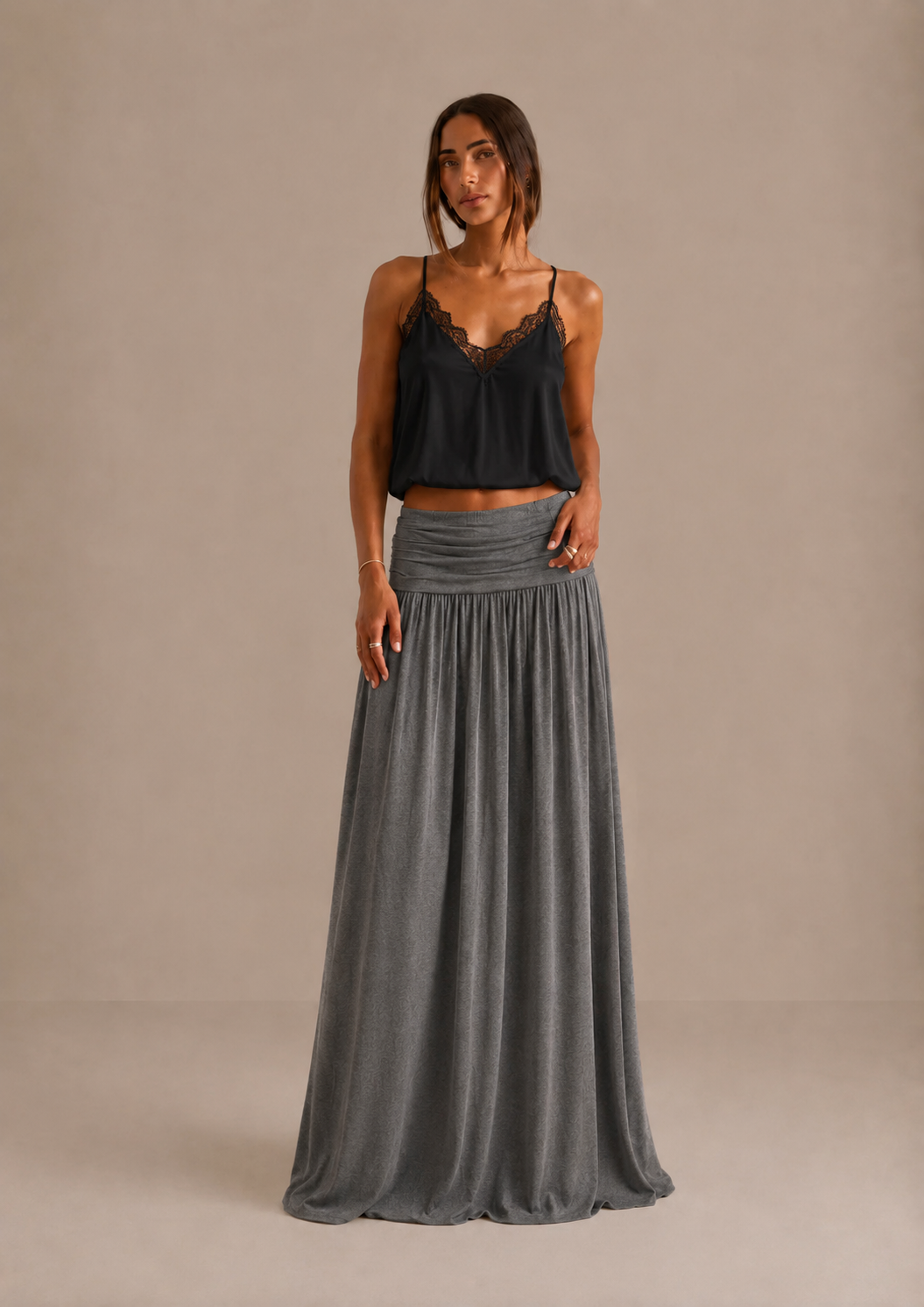 Maxine - Ruched Low Rise Maxi Skirt