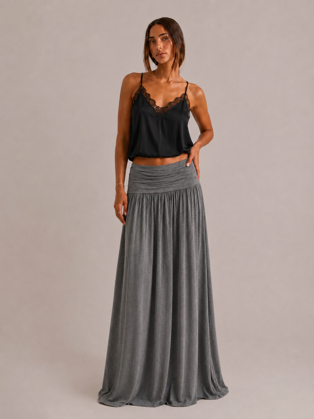 Maxine - Ruched Low Rise Maxi Skirt