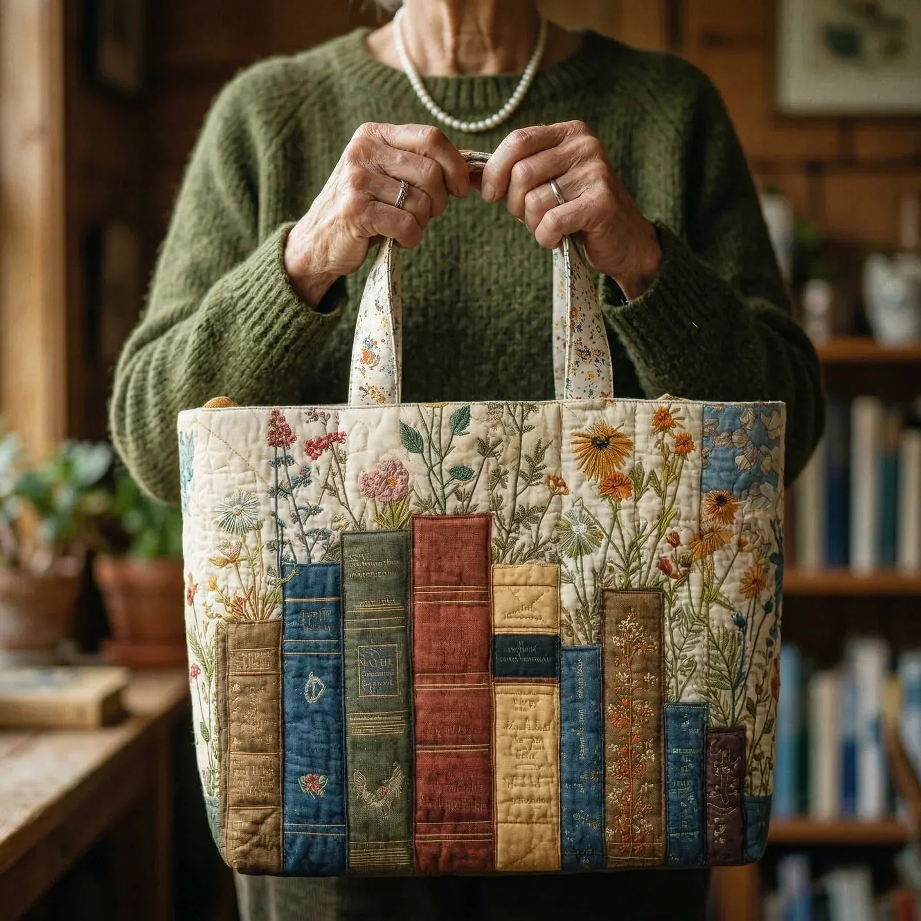 Toffee – Books and Flowers Handmade Quilted Tote Bag