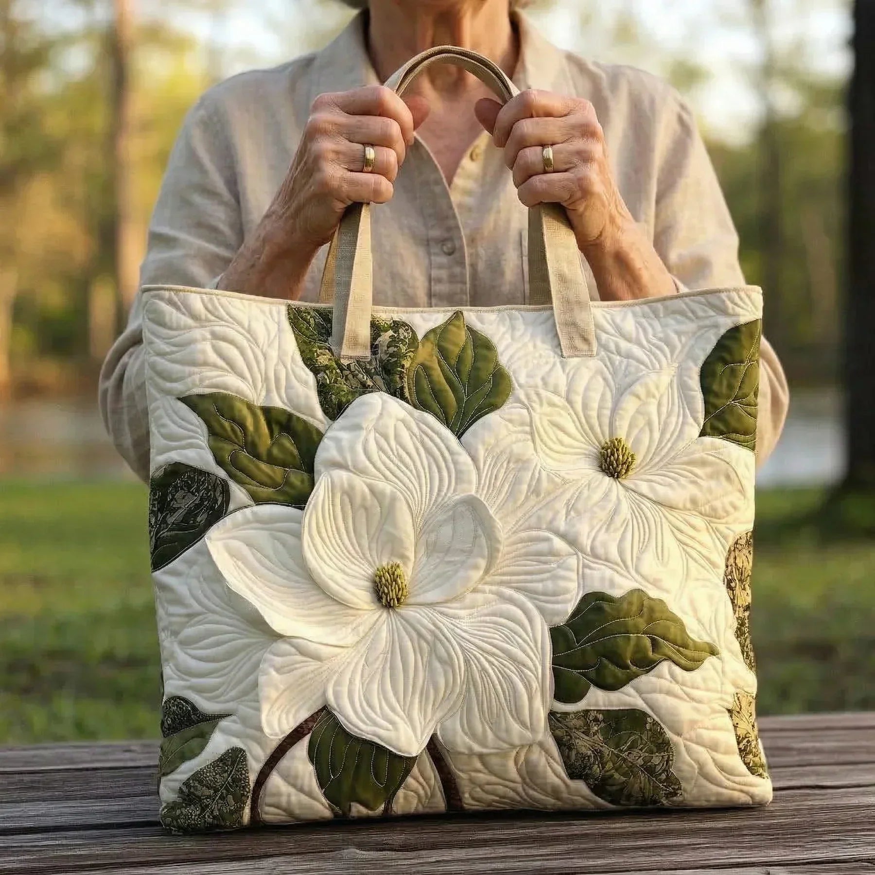 Twinkle – Elegant White Lilies Handmade Quilted Tote Bag