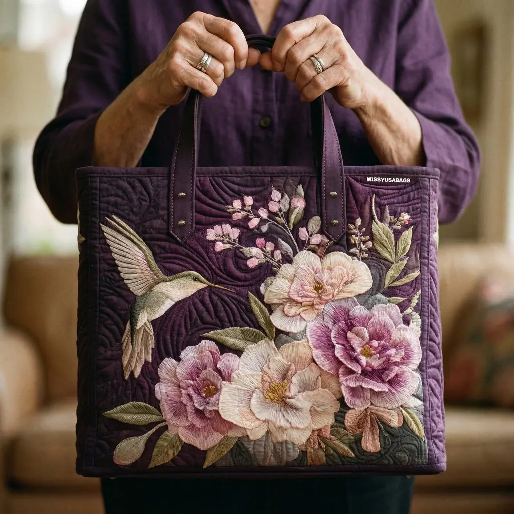 Pearl – Hummingbird and Orchids Handmade Quilted Tote Bag