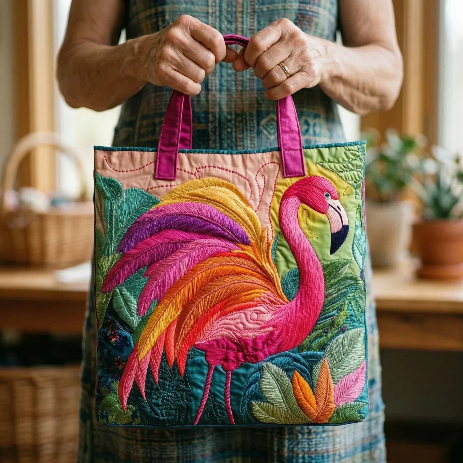 Clementine – Rainbow Flamingo Quilted Tote Bag