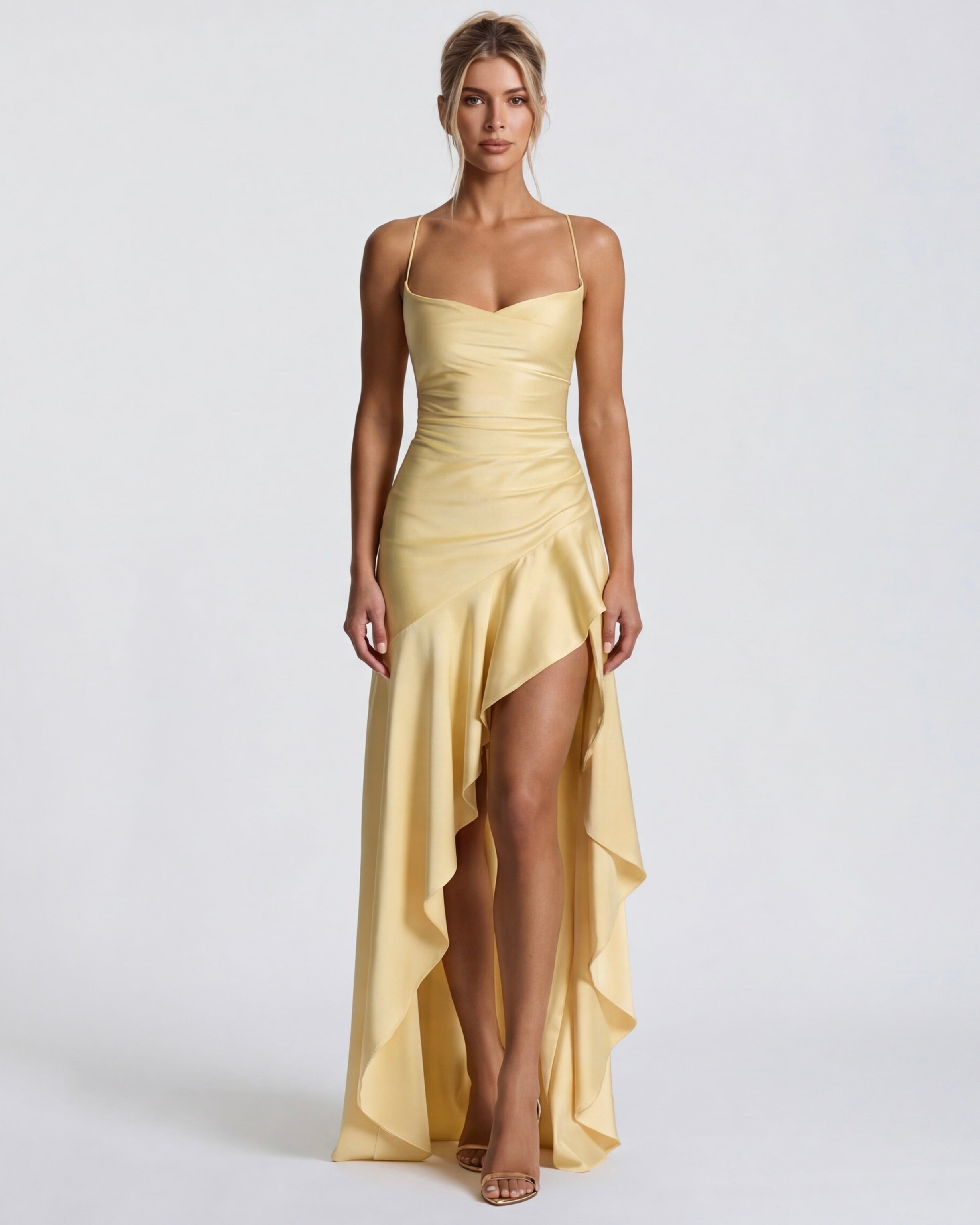 Kitty - Sculpting Satin Evening Gown With Thigh Split
