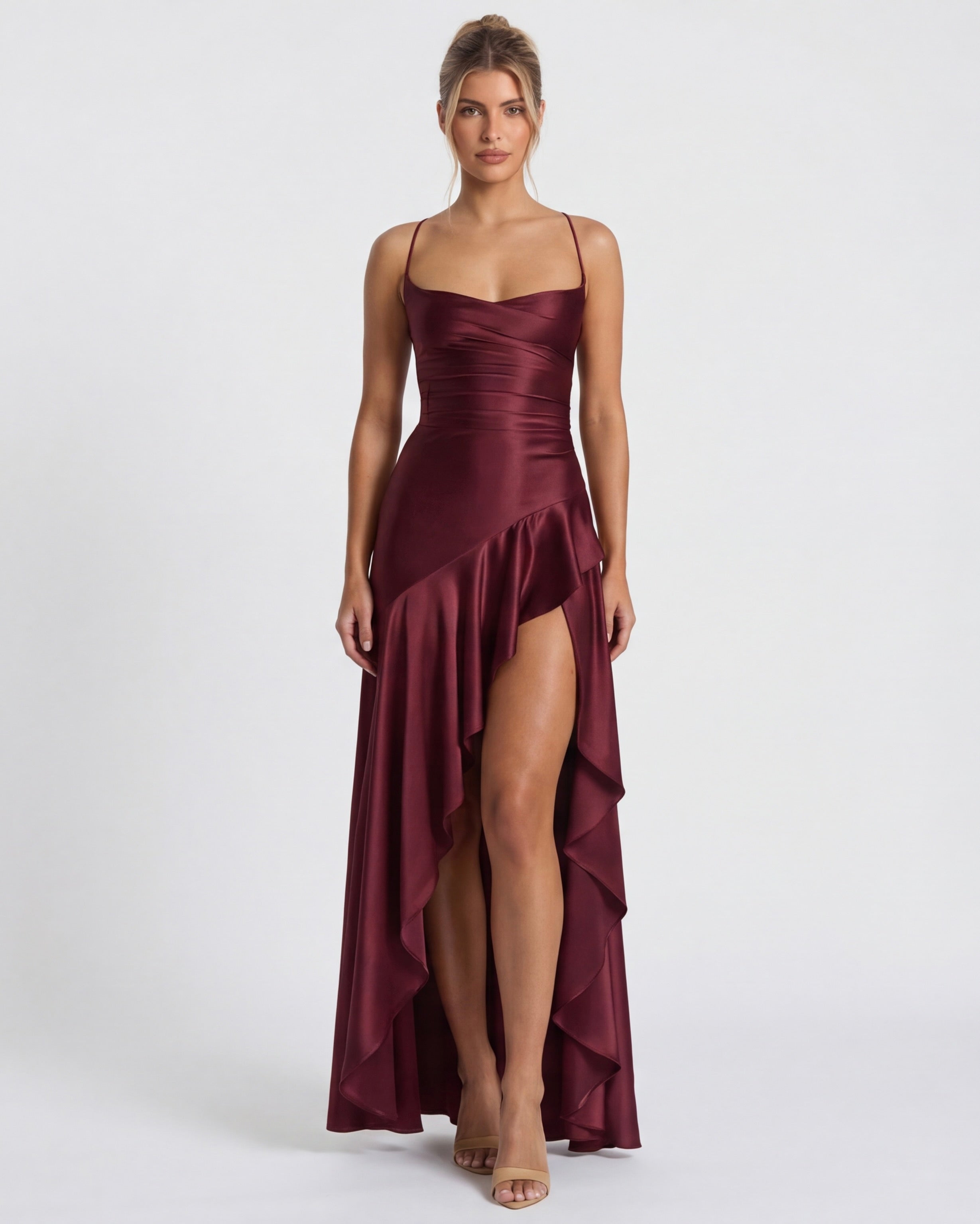 Kitty - Sculpting Satin Evening Gown With Thigh Split