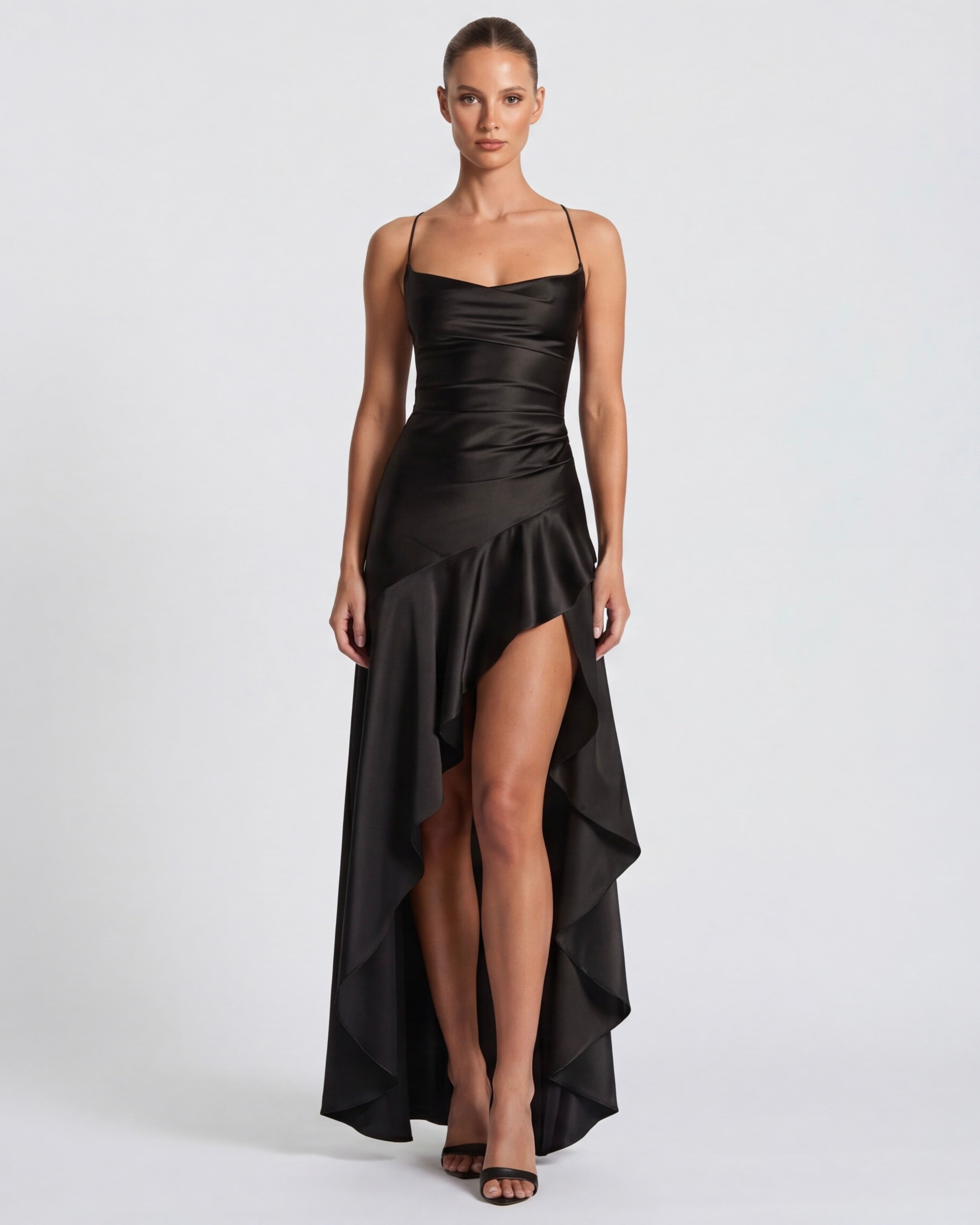 Kitty - Sculpting Satin Evening Gown With Thigh Split