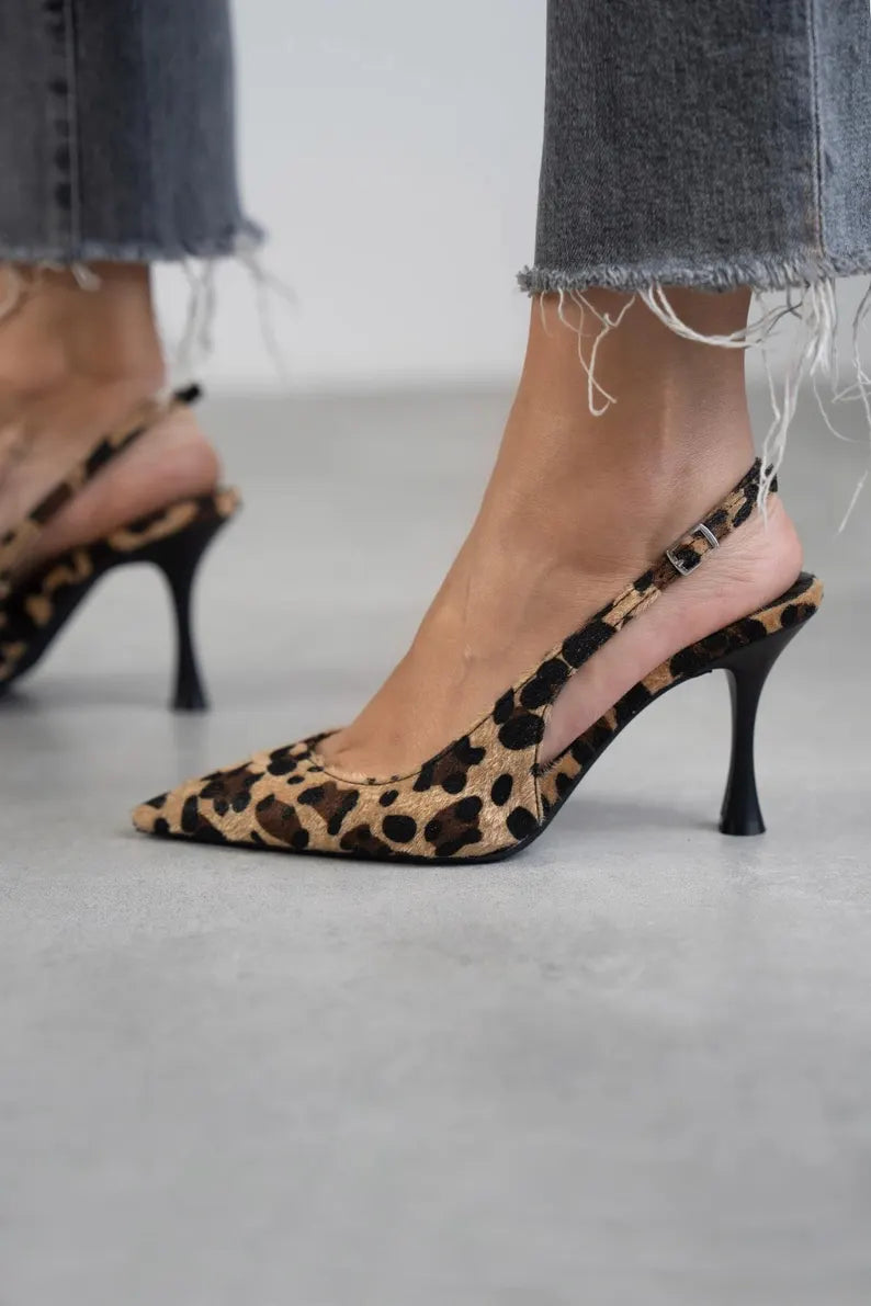 Saira – Pointed Toe Leopard Print Slingback Heels