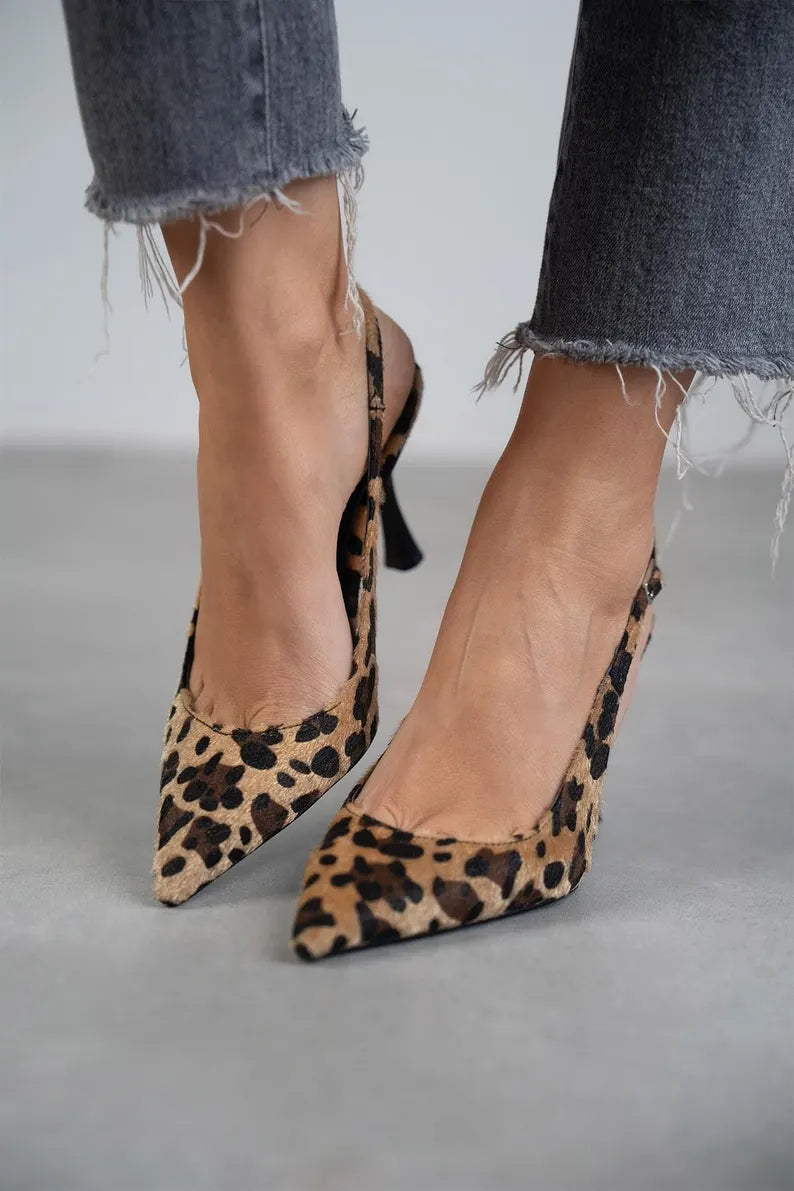 Saira – Pointed Toe Leopard Print Slingback Heels