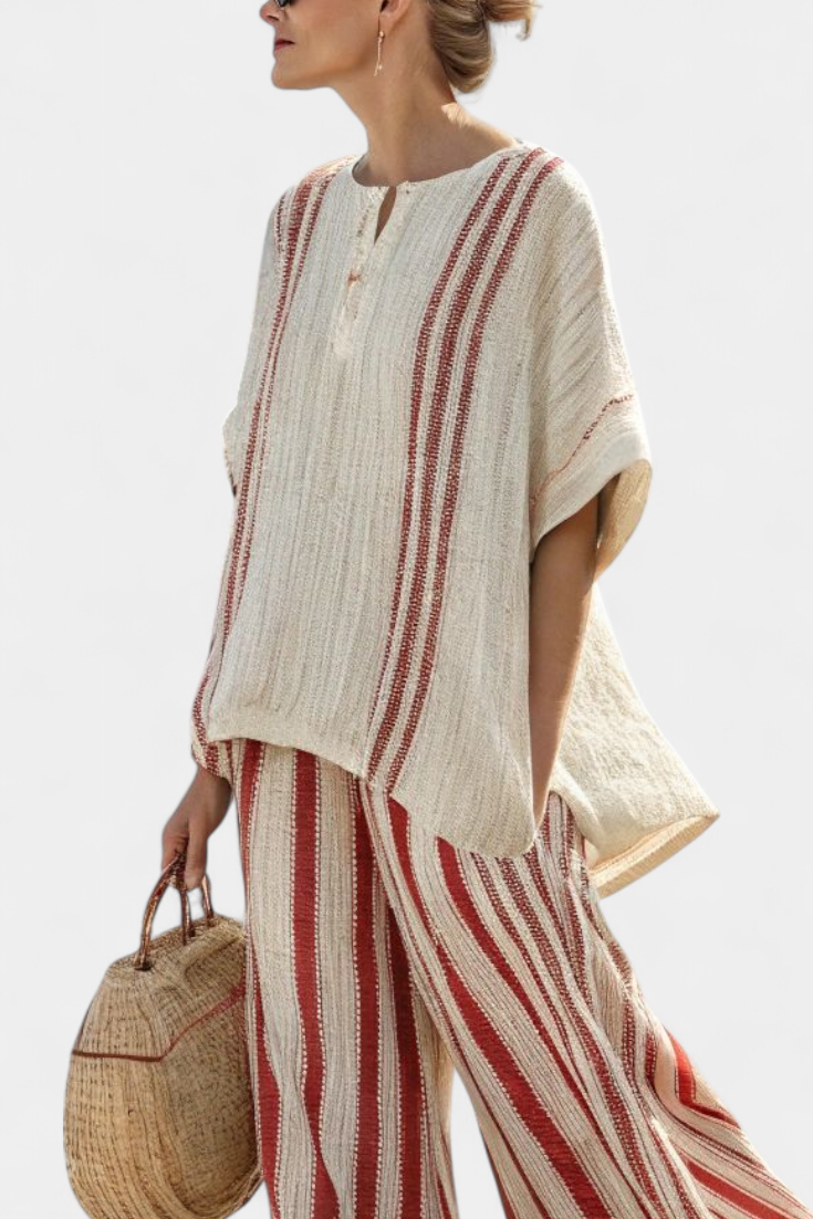 Mira – Structured Red Striped Top and Linen Pants