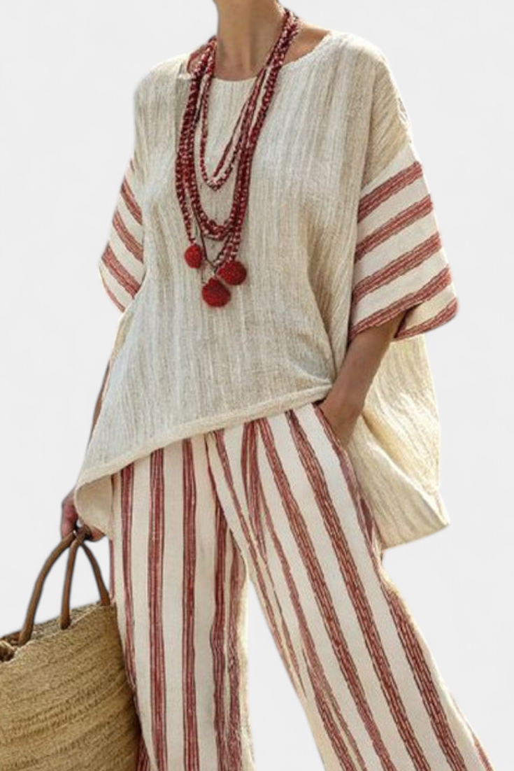 Linda – Elegant Rustic Striped Top and Cream Linen Pants