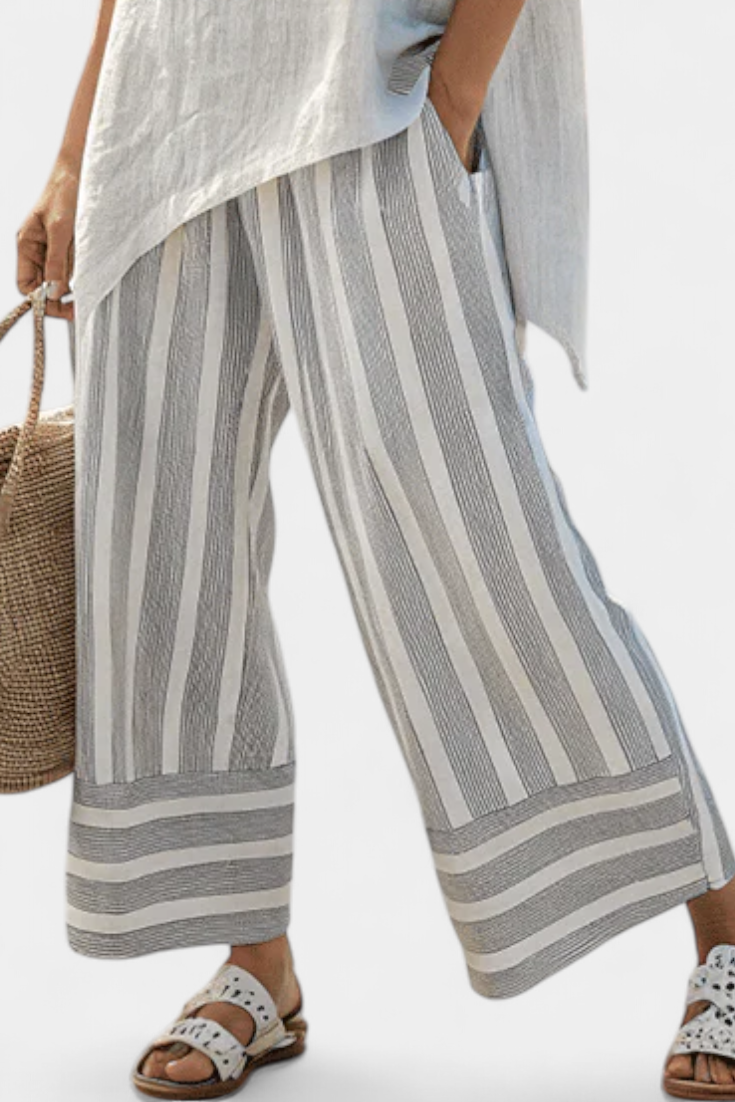 Freya – Elegant Asymmetrical Blouse and Striped Pants