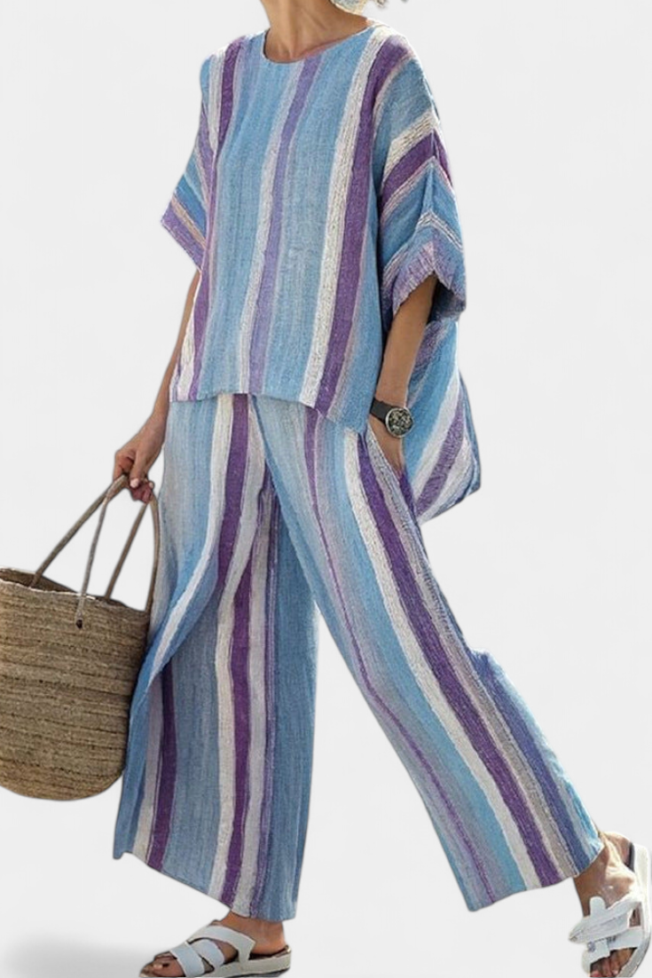 Jenn – Elegant Mauve Pastel Top and Striped Linen Pants
