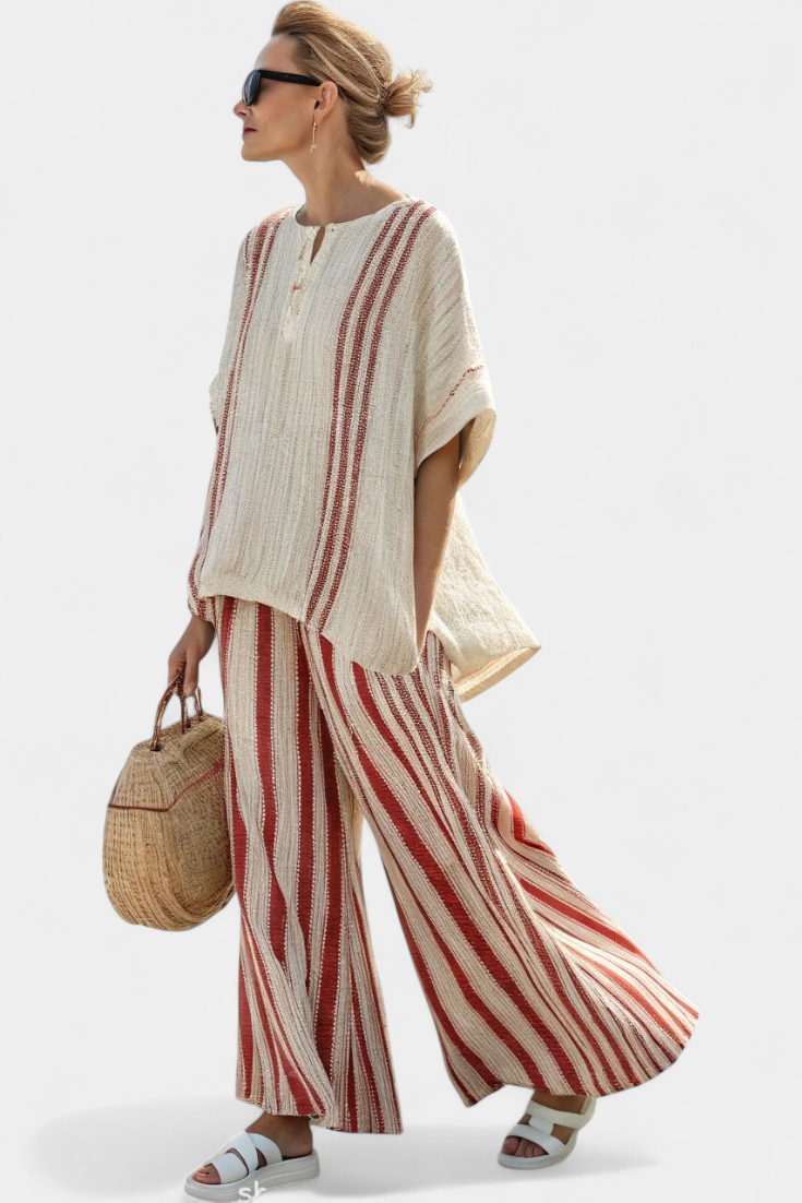 Mira – Structured Red Striped Top and Linen Pants