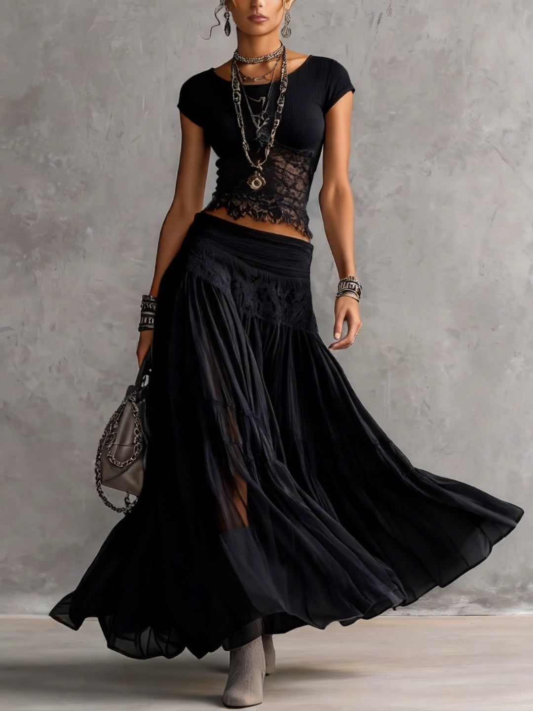 Karla - Black Sheer Lace-Paneled Top and Pleated Maxi Skirt Set