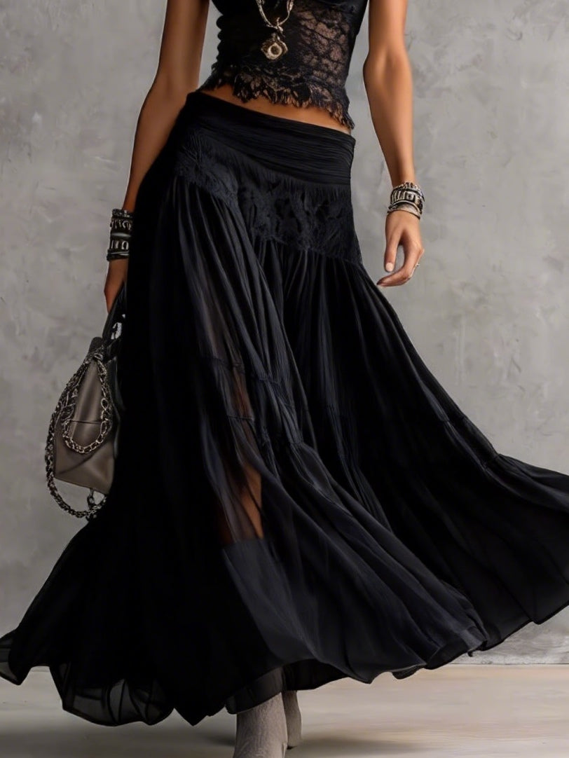 Karla - Black Sheer Lace-Paneled Top and Pleated Maxi Skirt Set