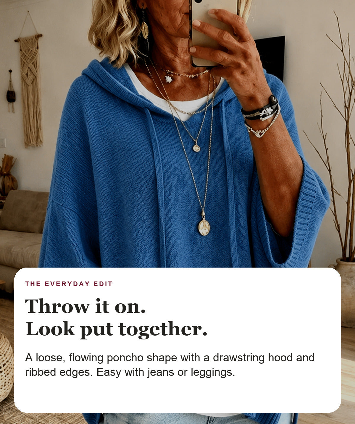 Mavis - Blue Hooded Poncho Sweater