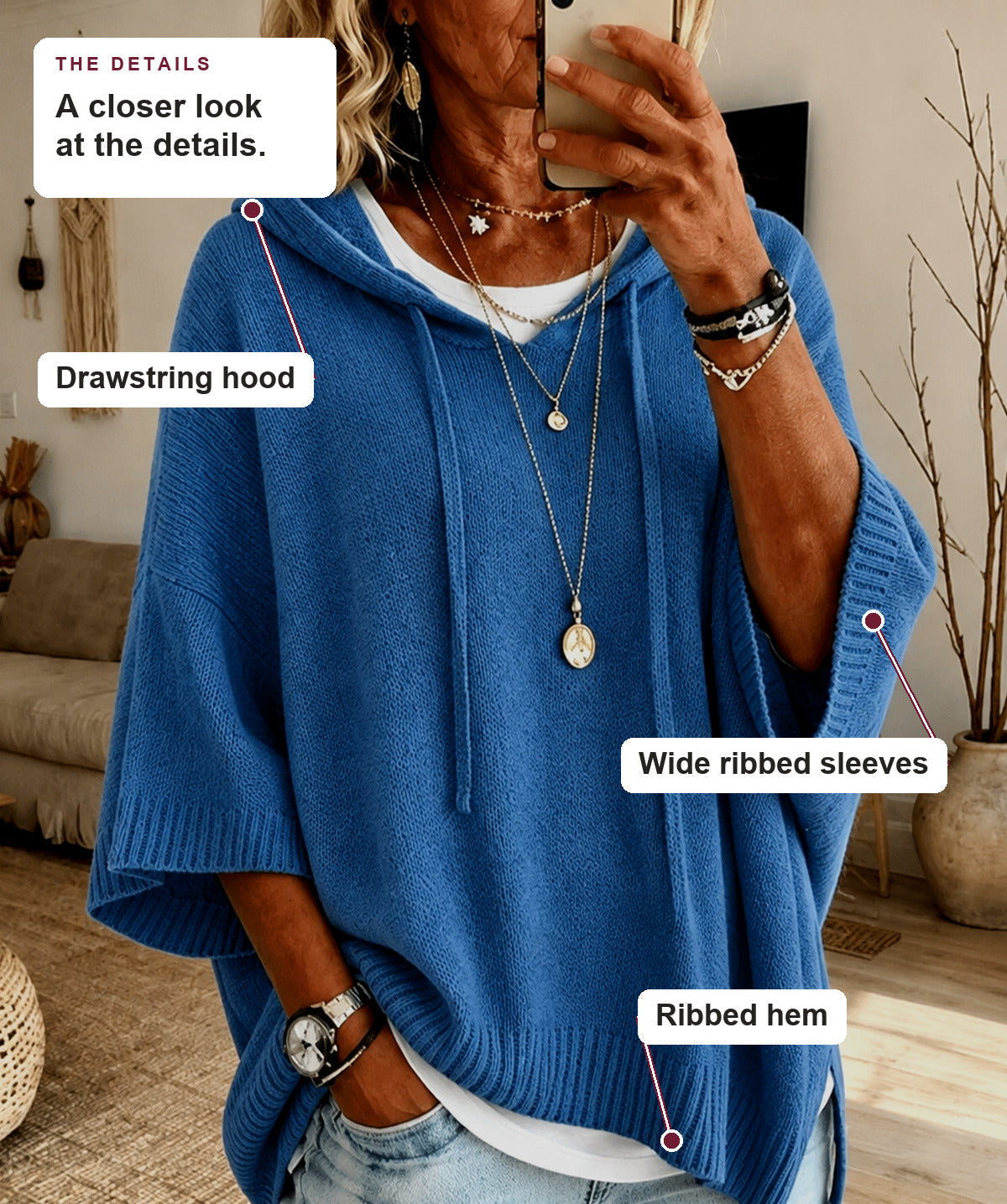 Mavis - Blue Hooded Poncho Sweater