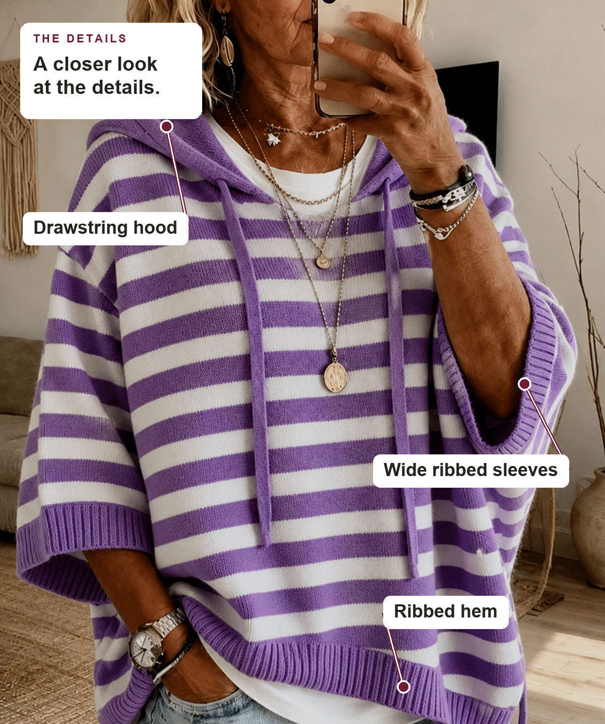Gemma - Purple Striped Hooded Poncho Sweater