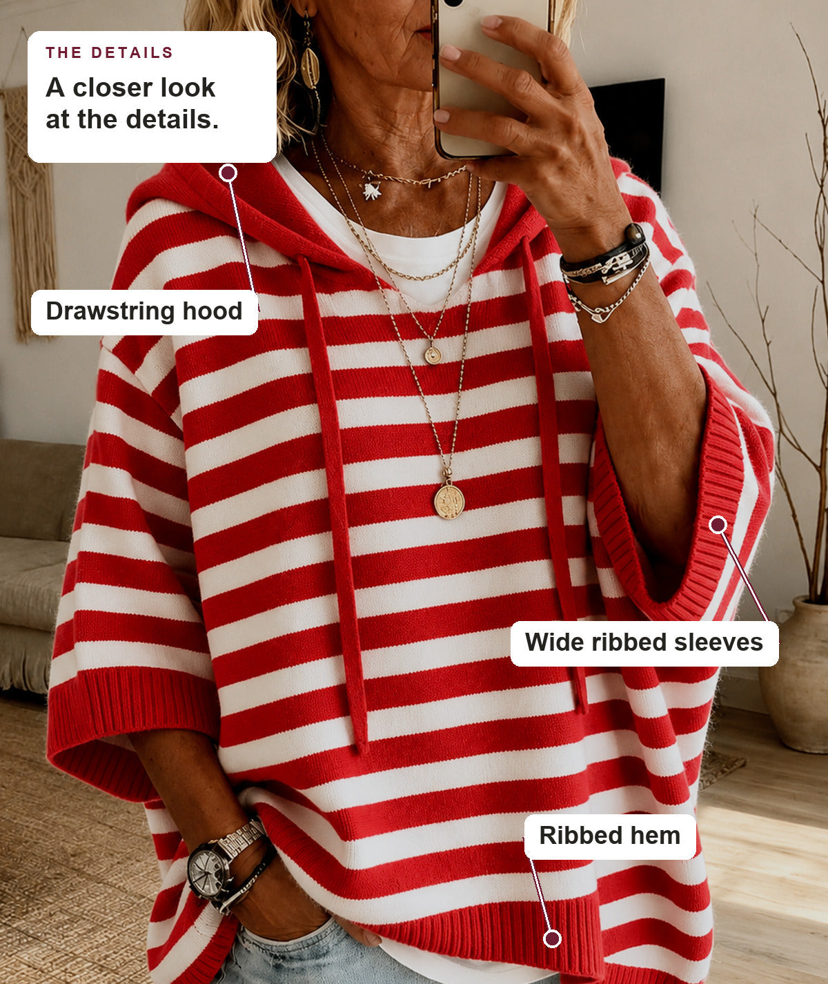 Chanel - Red Striped Hooded Poncho Sweater