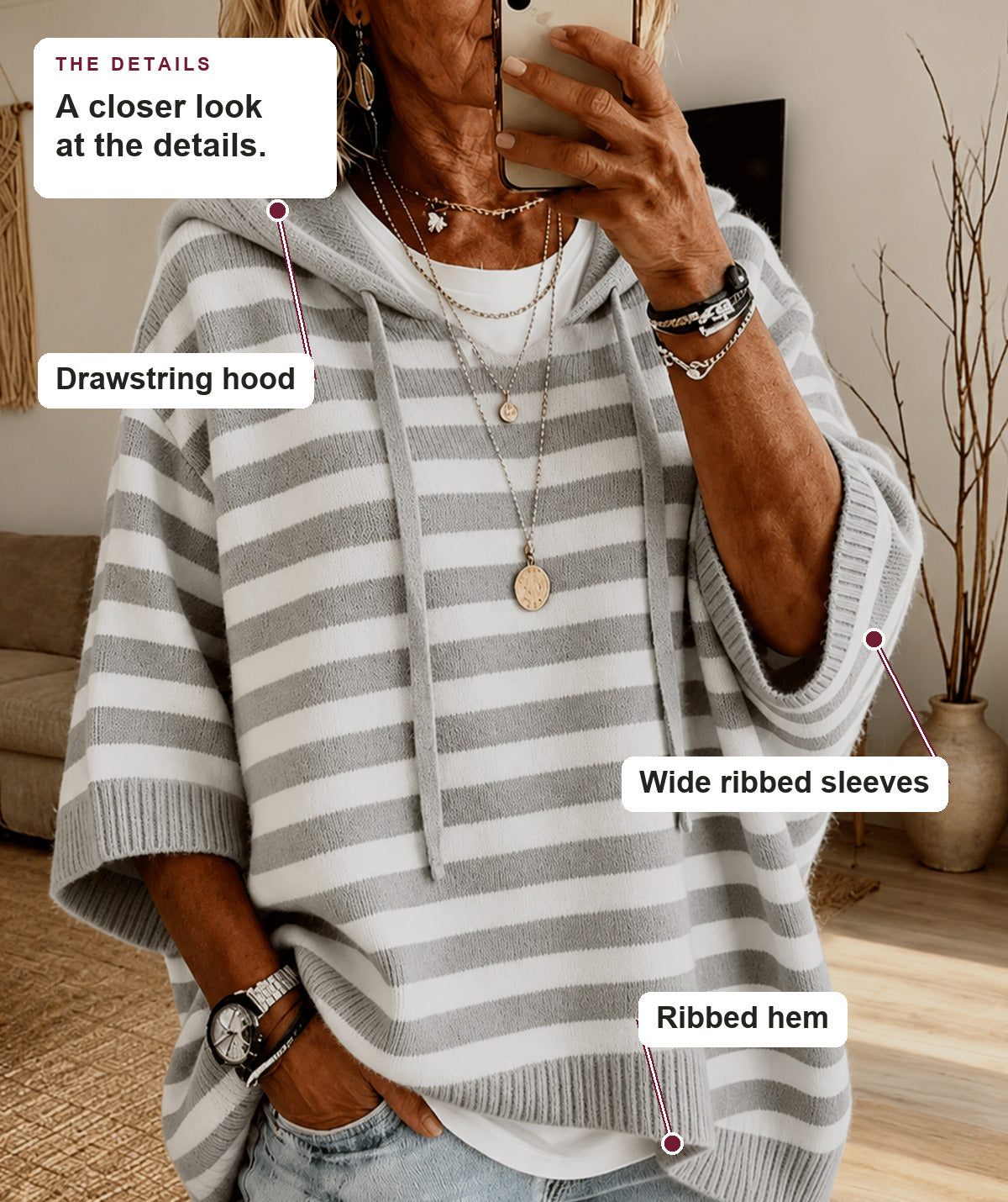 Kailey - Gray Striped Hooded Poncho Sweater
