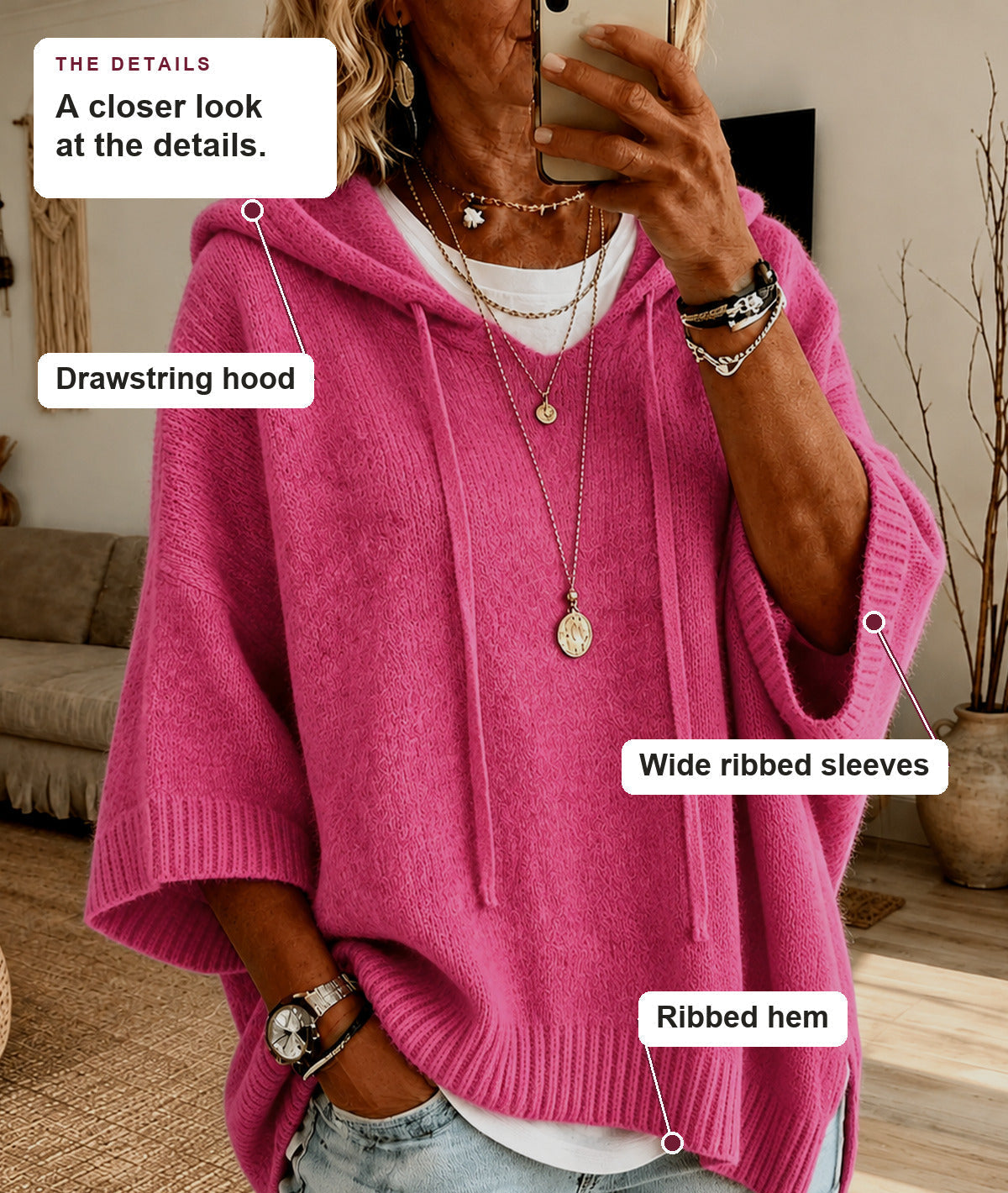 Cora - Pink Hooded Poncho Sweater