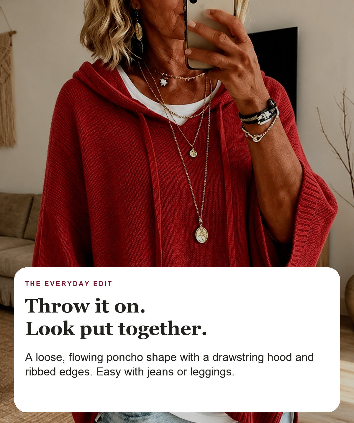 Brea - Red Hooded Poncho Sweater