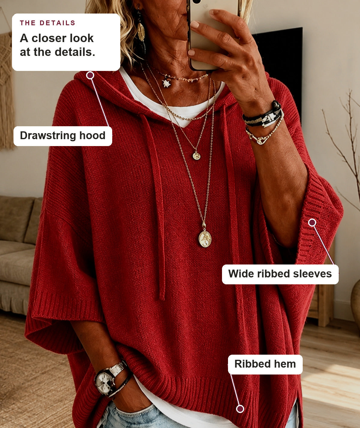 Brea - Red Hooded Poncho Sweater