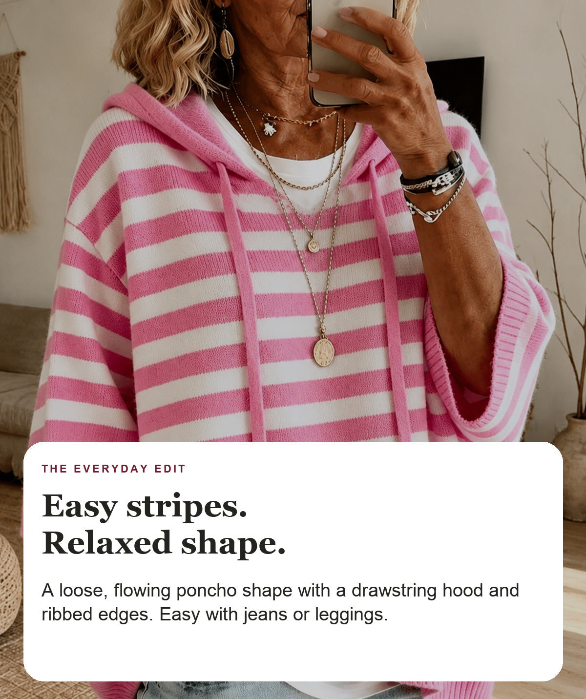 Camille - Pink Striped Hooded Poncho Sweater