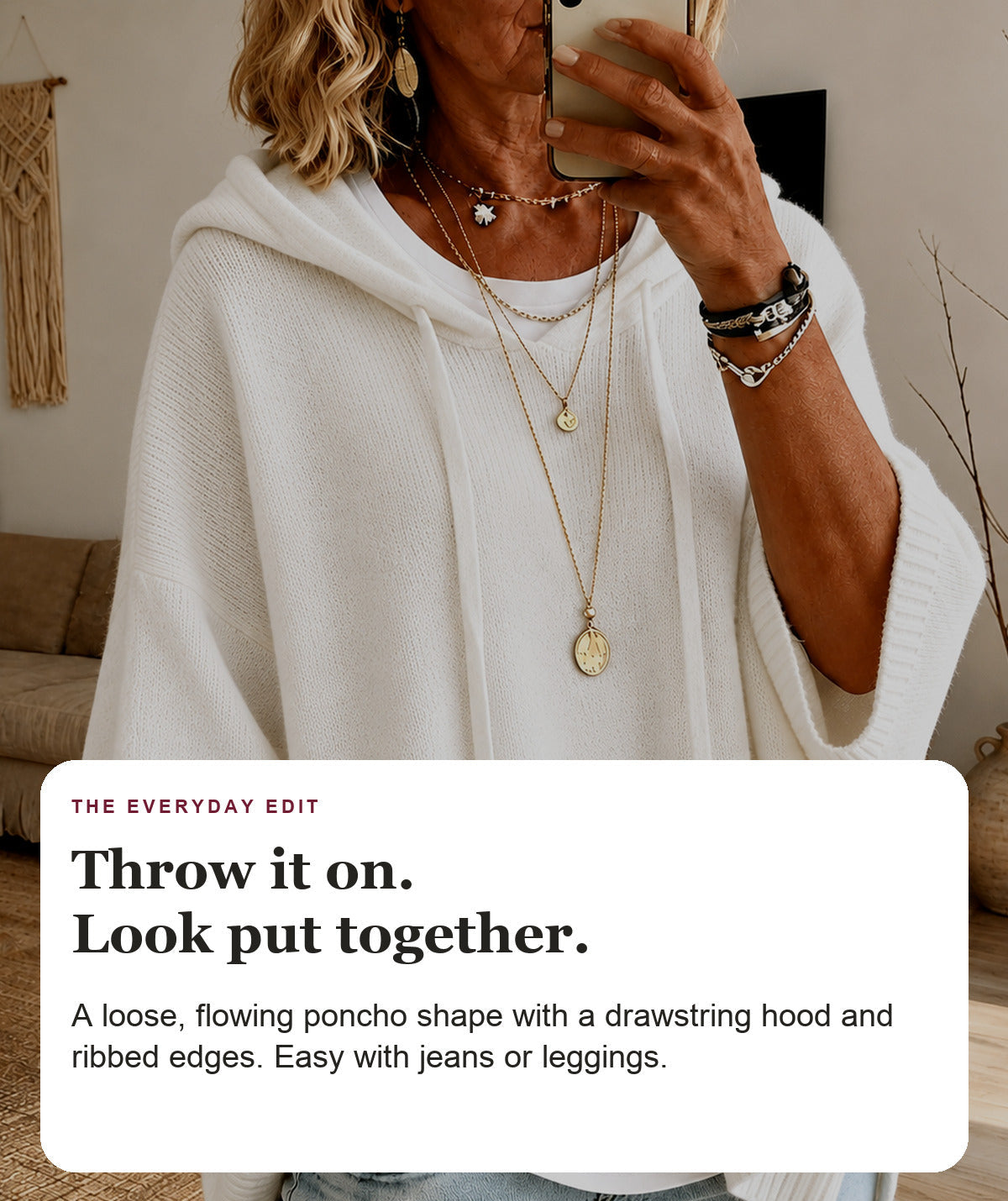 Thea - White Hooded Poncho Sweater