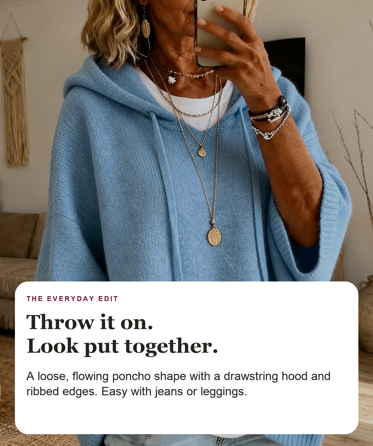 Edith - Sky Blue Hooded Poncho Sweater