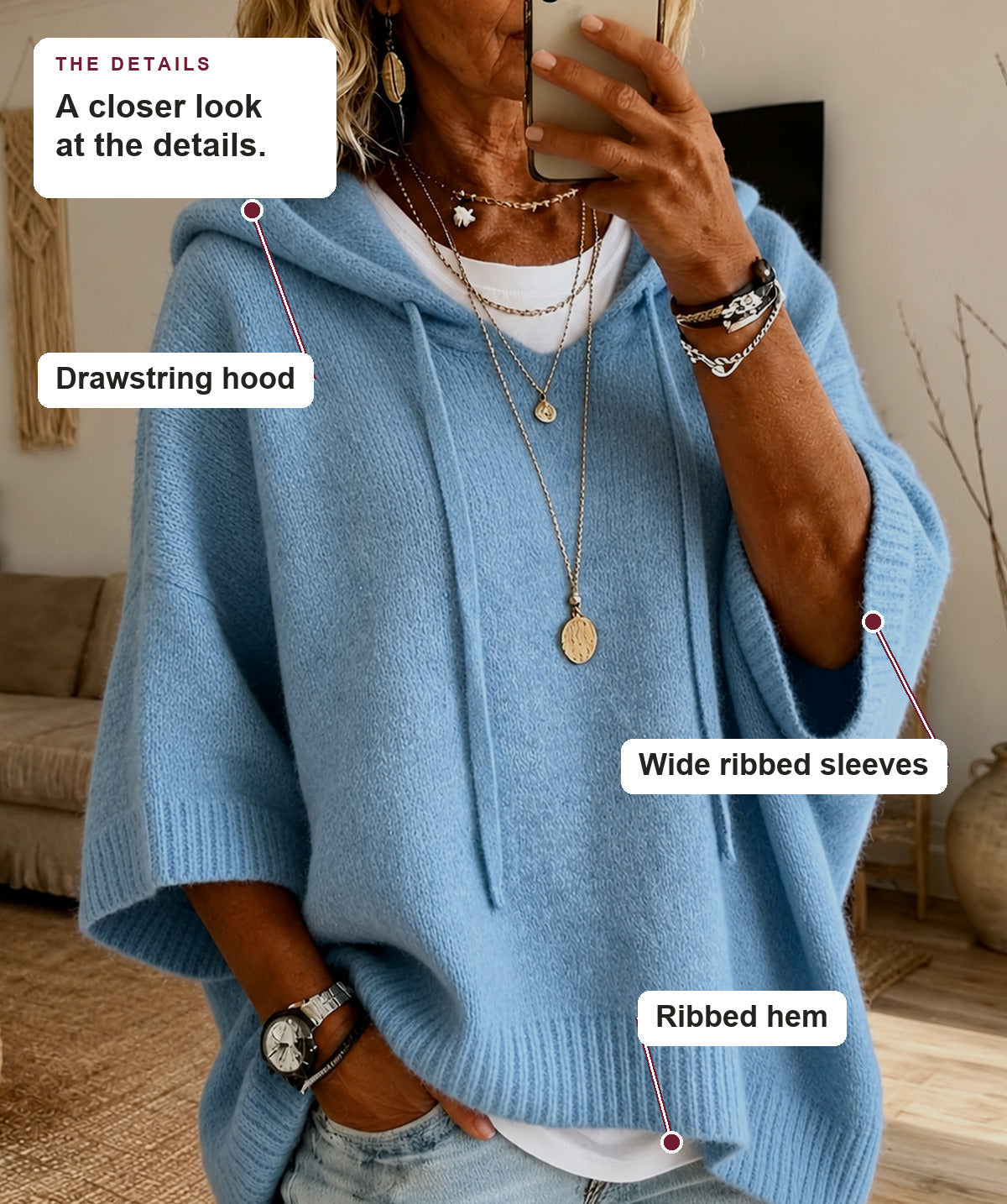Edith - Sky Blue Hooded Poncho Sweater
