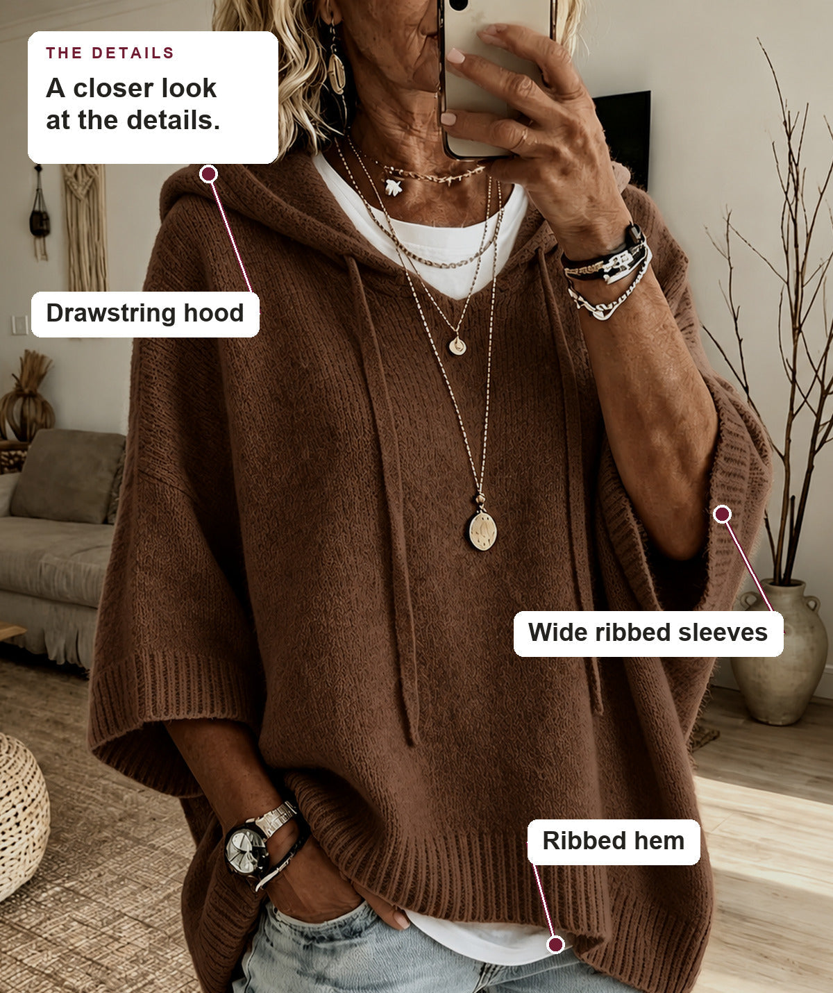 Ember - Brown Hooded Poncho Sweater